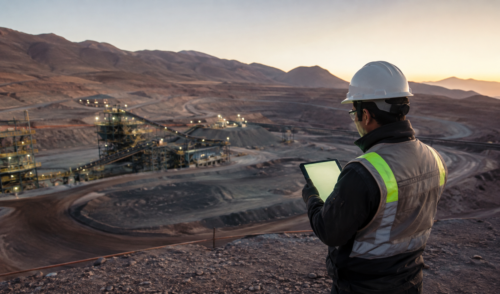 Profesional de seguridad revisando documentación digital frente a una operación minera en Atacama